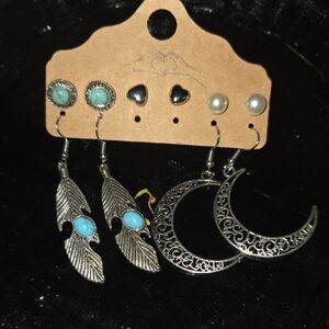 Silver and Turquoise Feather and Moon Earring Set